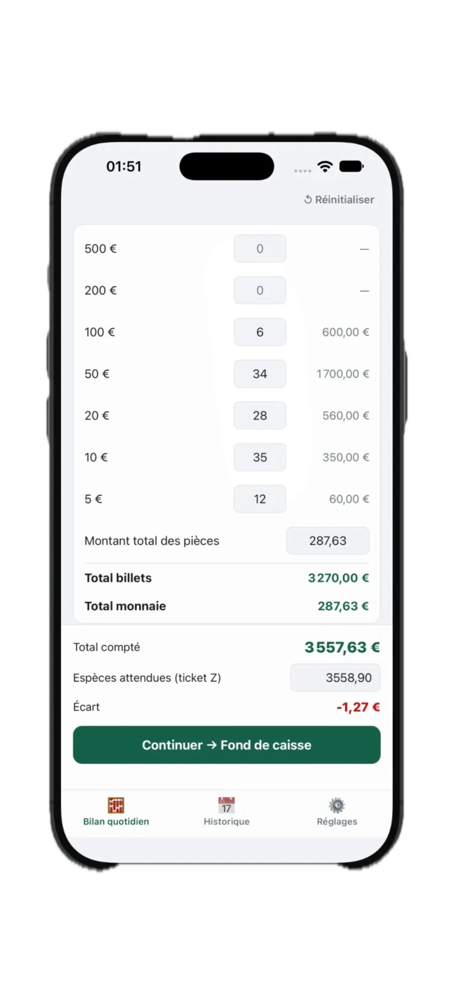 Écran de comptage de caisse dans l'application Vellu